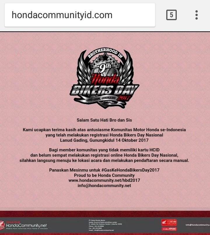 Registrasi Honda Bikers Day 2017 Sudah ditutup. Yang Pengen Gassss bisa Langsung Daftar&nbsp;OTS
